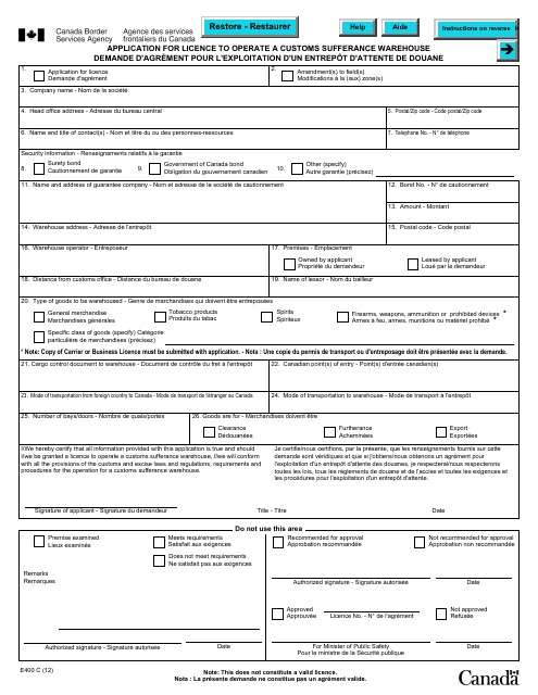 Form E400C Application for a Licence to Operate a Customs Sufferance Warehouse - Canada (English/French)