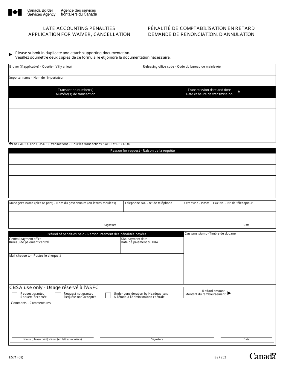 Form E571 Late Accounting Penalties Application for Waiver, Cancellation - Canada (English / French), Page 1