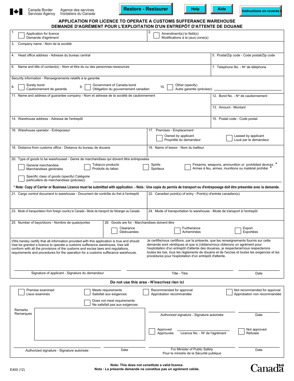 Form E400 Application for Licence to Operate a Customs Sufferance Warehouse - Canada (English / French), Page 1
