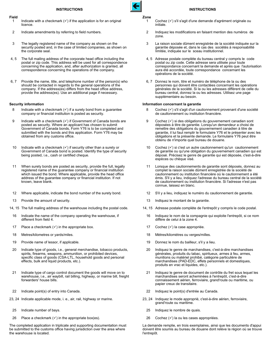 Form E400 Application for Licence to Operate a Customs Sufferance Warehouse - Canada (English / French), Page 2