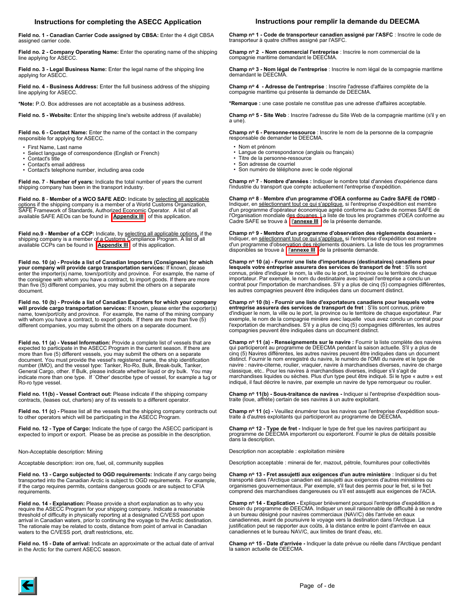 Form BSF786 Arctic Shipping Electronic Commercial Clearance (Asecc) Program Carrier Pre-season Profile - Canada (English / French), Page 10