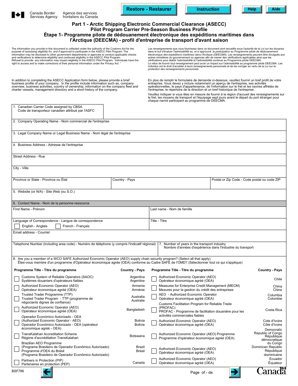 Form BSF786 Arctic Shipping Electronic Commercial Clearance (Asecc) Program Carrier Pre-season Profile - Canada (English / French), Page 2