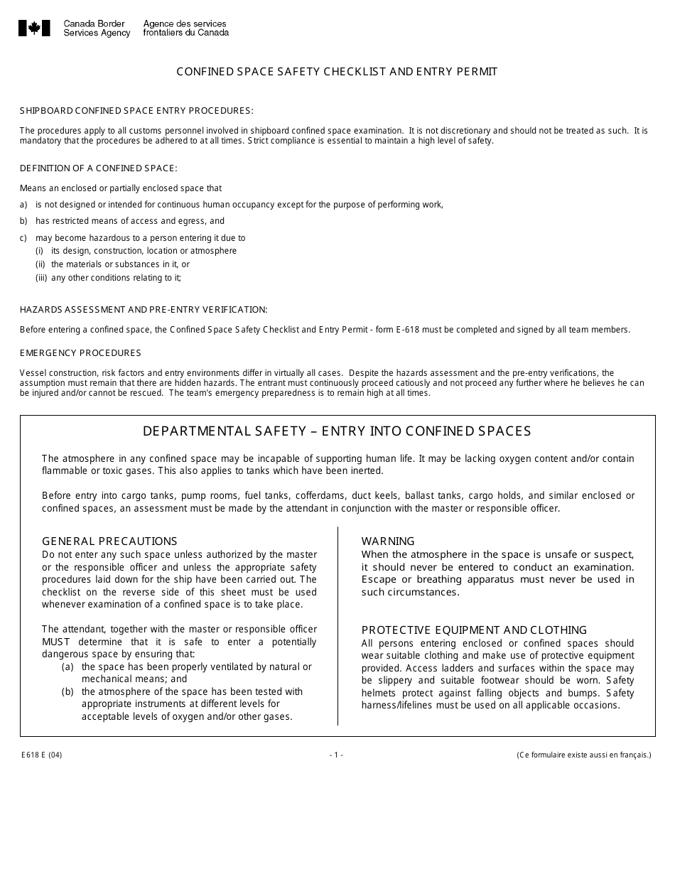 Form E618 Confined Space Safety Checklist and Entry Permit - Canada, Page 1