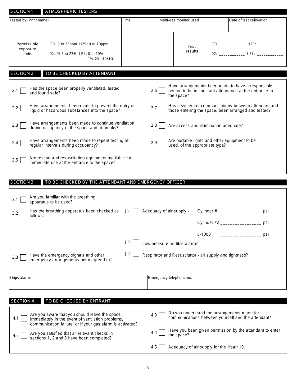 Form E618 Confined Space Safety Checklist and Entry Permit - Canada, Page 3