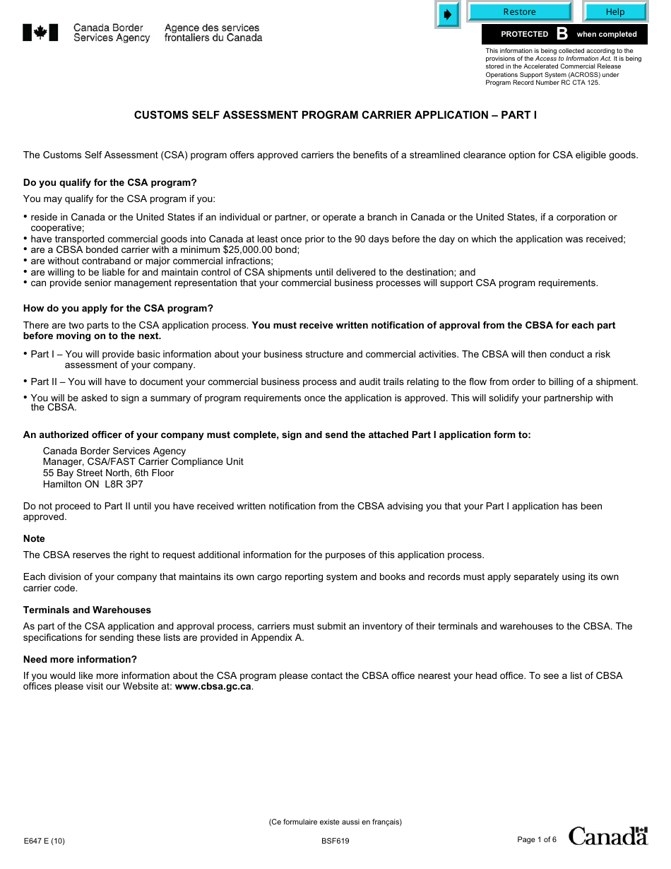 Form E647 Part 1 Customs Self Assessment Program - Carrier Application - Canada, Page 1