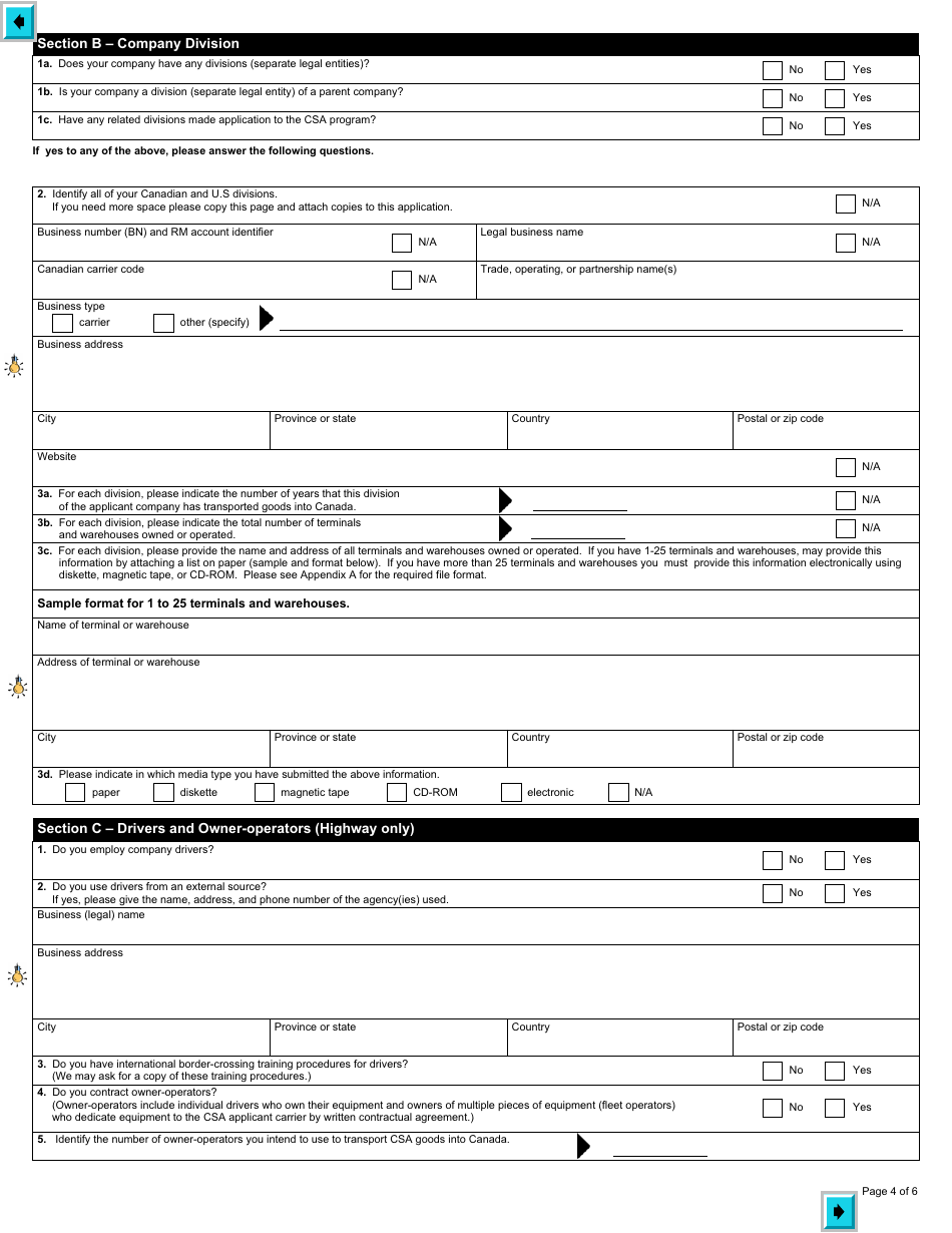 Form E647 Part 1 Customs Self Assessment Program - Carrier Application - Canada, Page 4