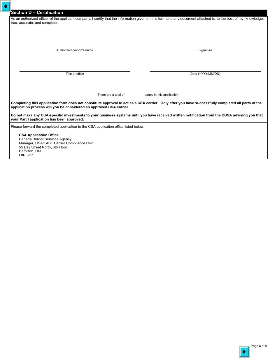 Form E647 Part 1 Customs Self Assessment Program - Carrier Application - Canada, Page 5