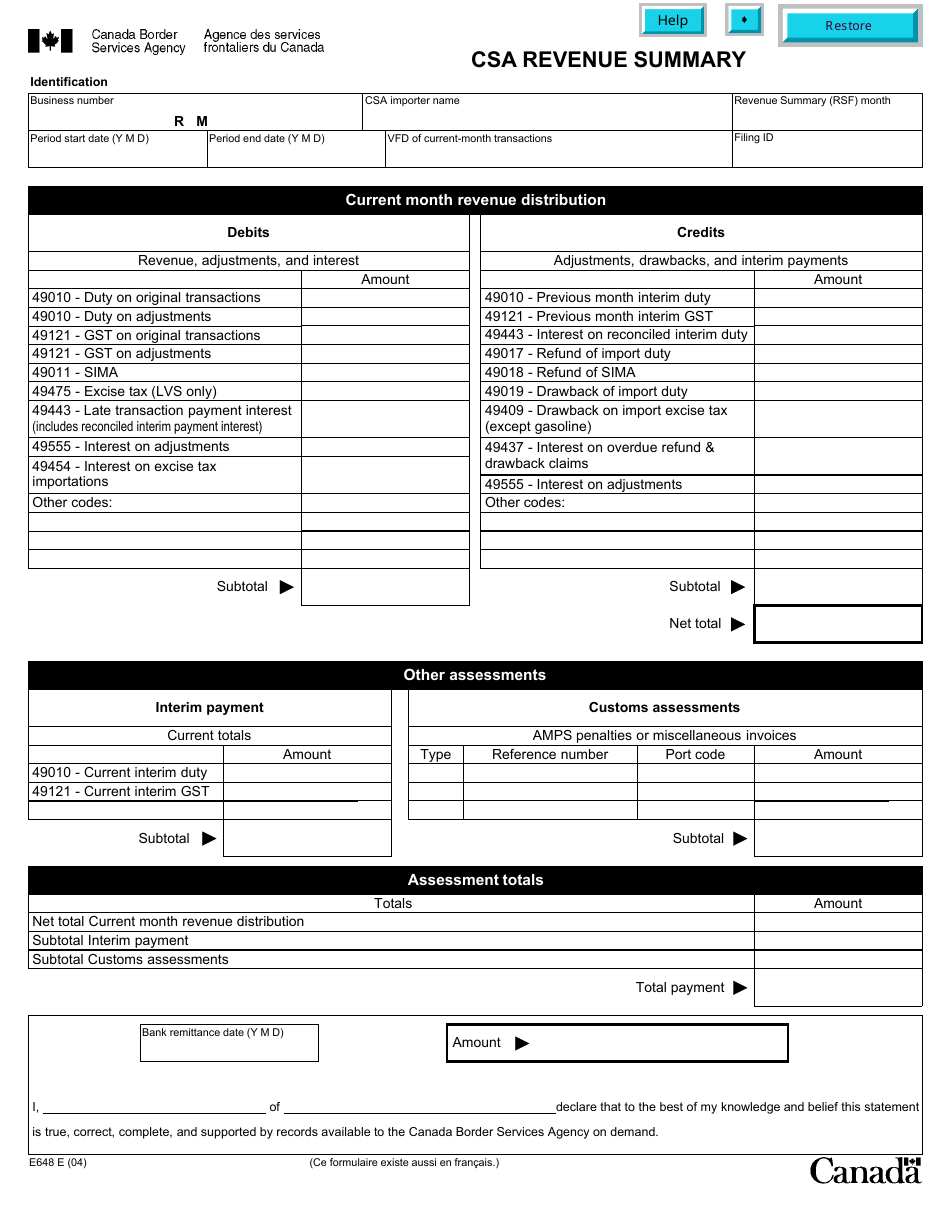 Form E648 Csa Revenue Summary - Canada, Page 1