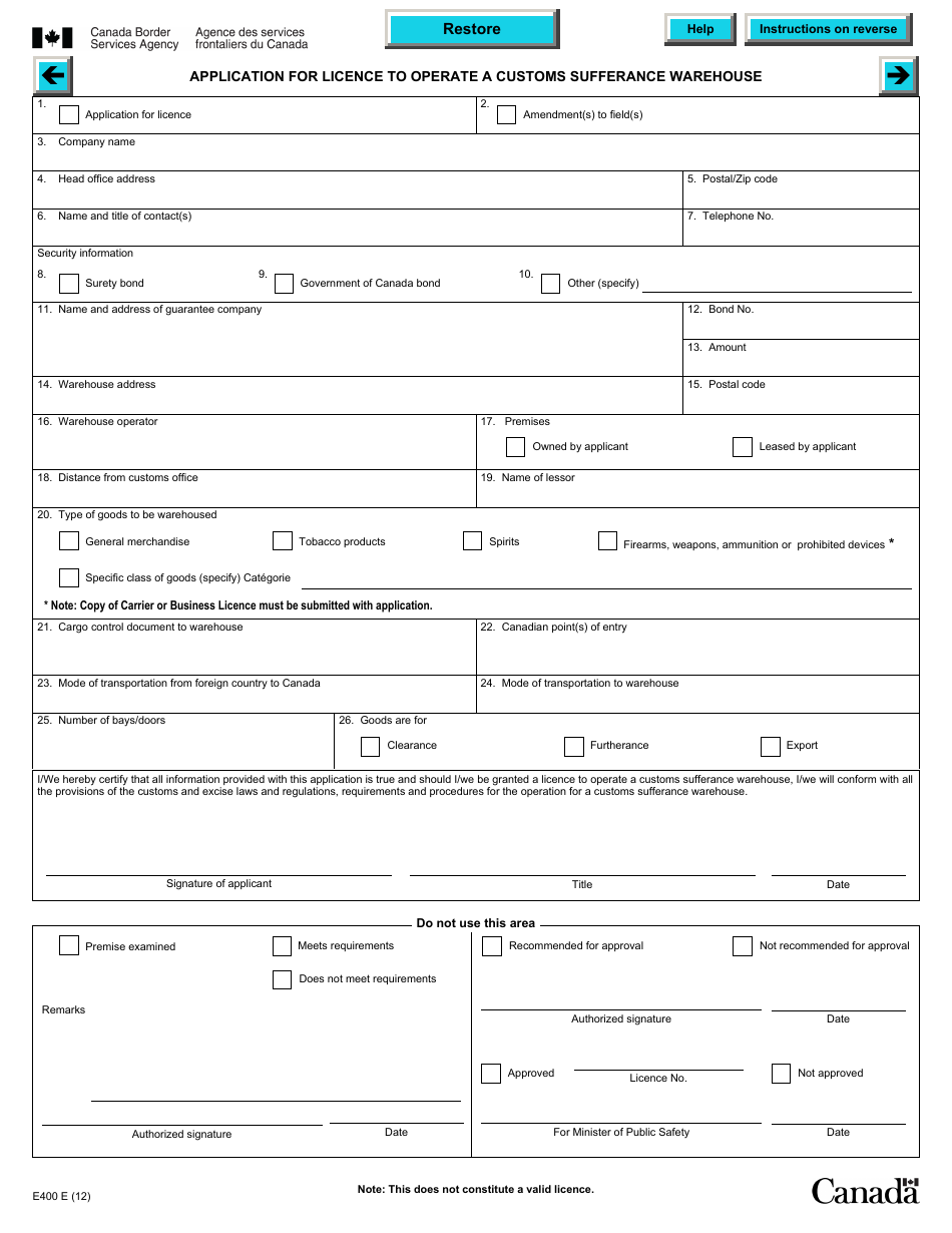 Form E400B Application for Licence to Operate a Customs Highway Sufferance Warehouse - Canada, Page 3