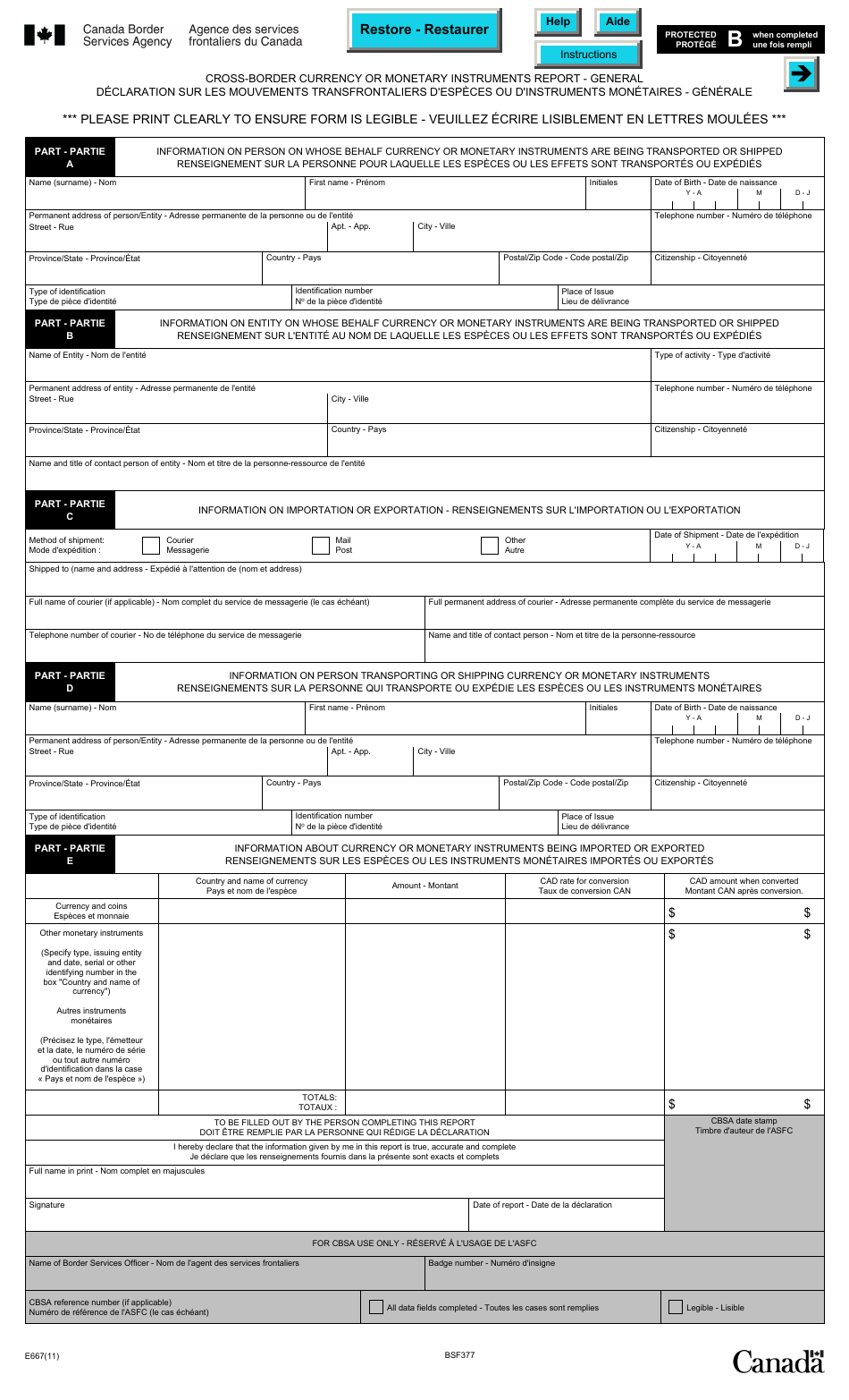 Form E667 Cross-border Currency or Monetary Instruments Report - General - Canada (English / French), Page 1