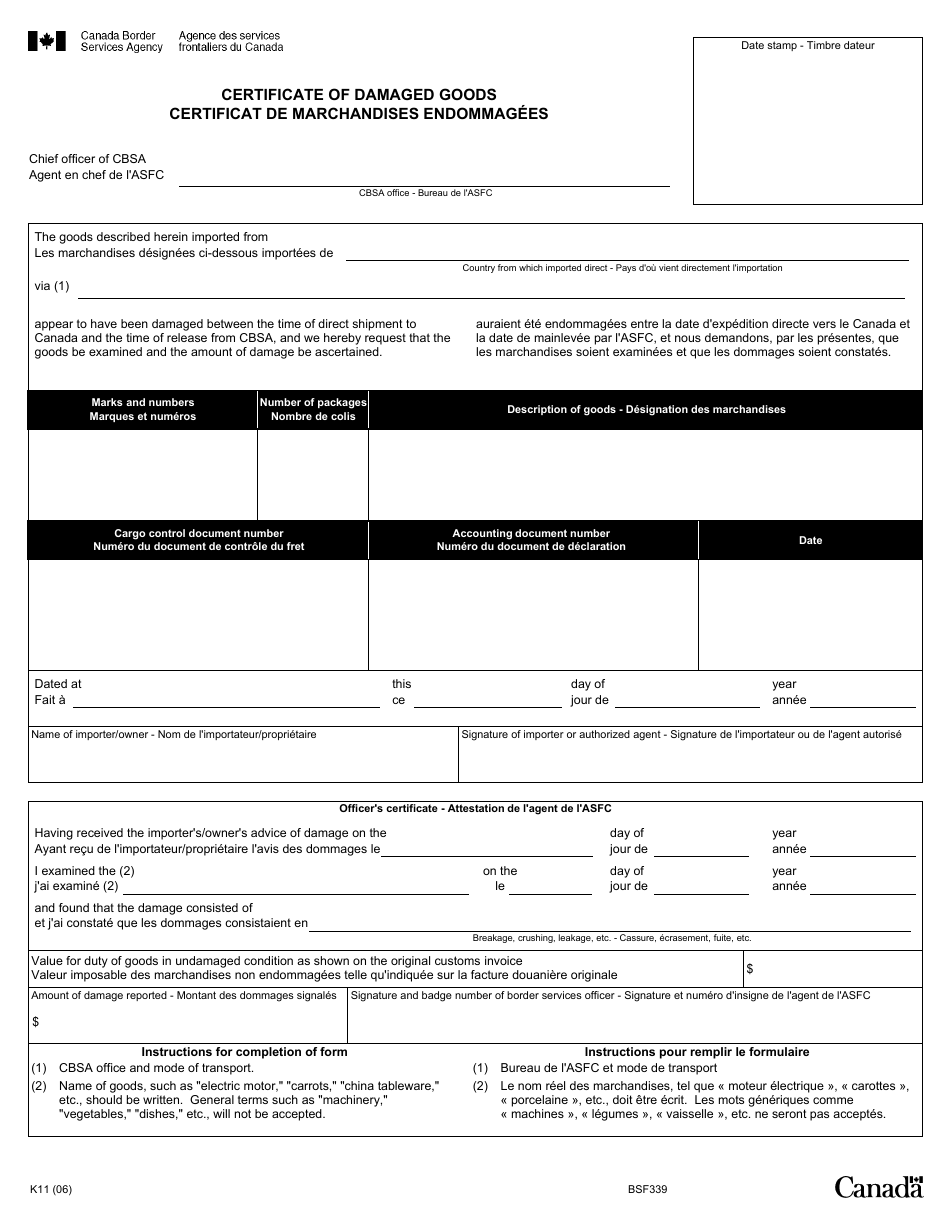 Form K11 Certificate of Damaged Goods - Canada (English / French), Page 1