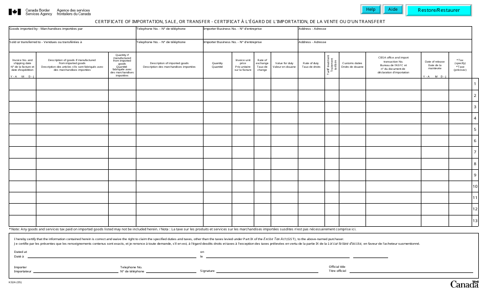 Form K32A Certificate of Importation, Sale, or Transfer - Canada (English/French), Page 1