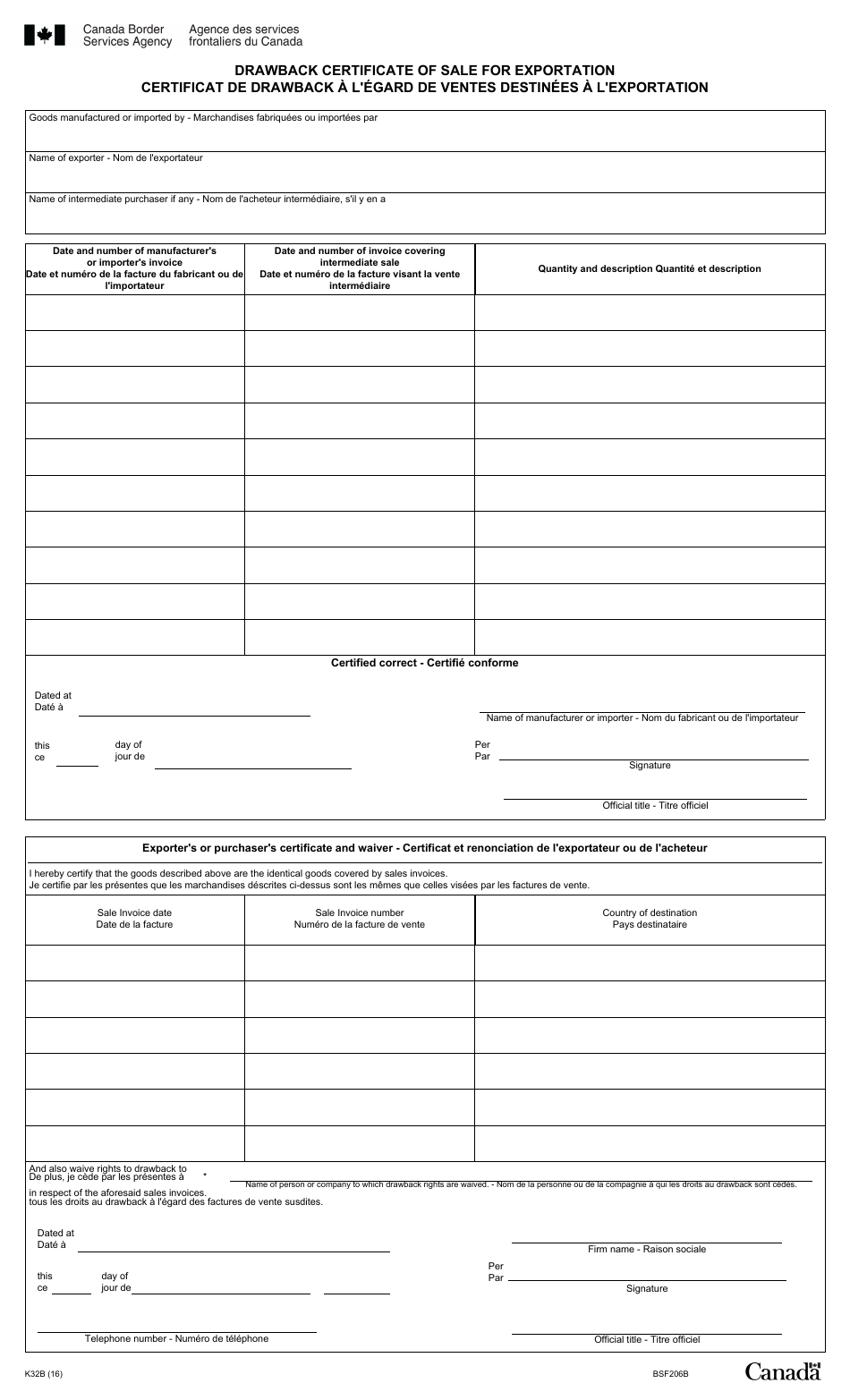 Form K32B Drawback Certificate of Sale for Exportation - Canada (English / French), Page 1