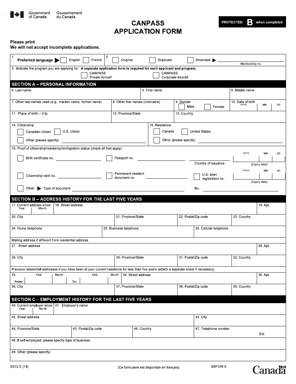 Form E672 Canpass Application Form - Canada, Page 1