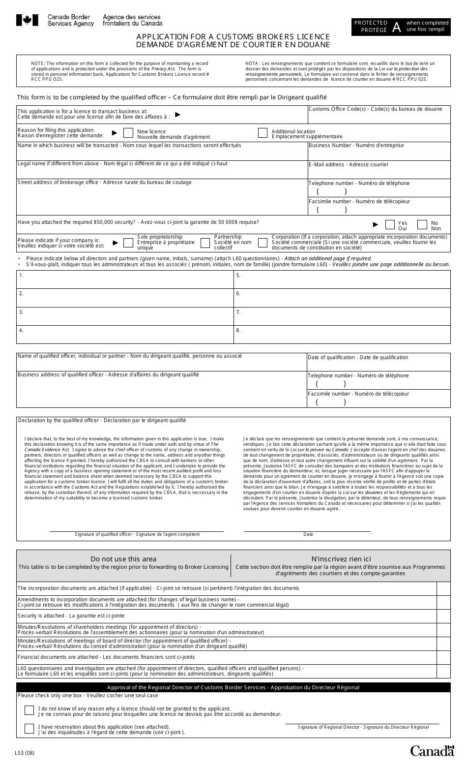 Form L53 Application for Customs Brokers Licence - Canada (English / French), Page 1