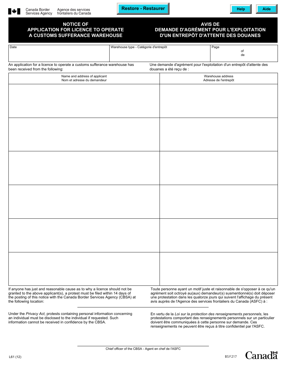 Form L61 Notice of Application for Licence to Operate a Customs Sufferance Warehouse - Canada (English / French), Page 1
