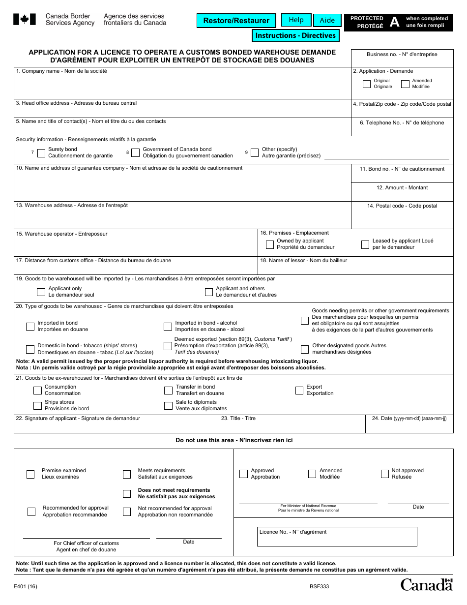 Form E401 Application for a Licence to Operate a Customs Bonded Warehouse - Canada (English / French), Page 1