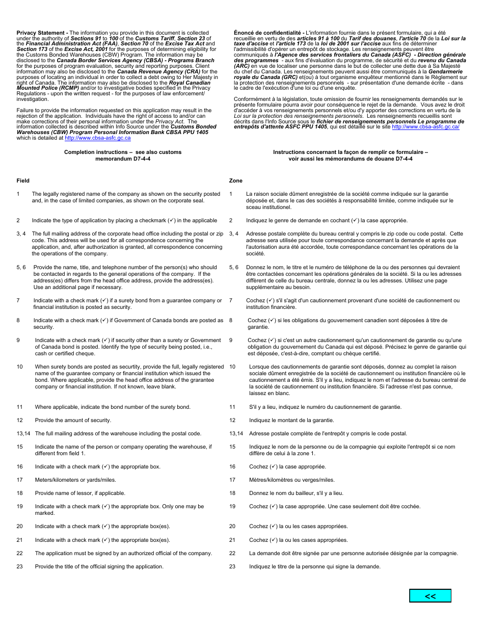 Form E401 Application for a Licence to Operate a Customs Bonded Warehouse - Canada (English / French), Page 2
