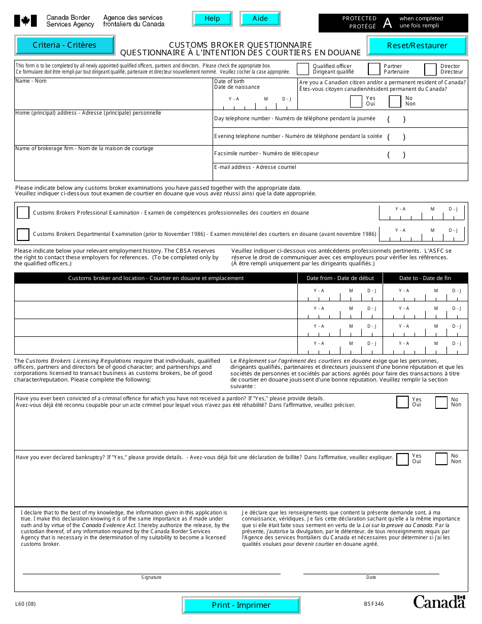 Form L60 Customs Brokers Questionnaire - Canada (English / French), Page 1
