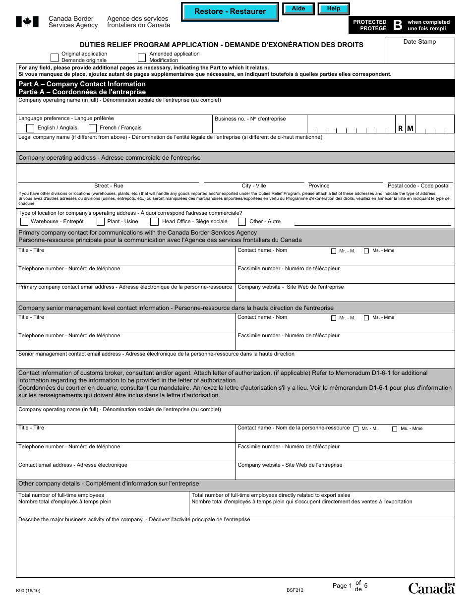 Form K90 Duties Relief Application - Canada (English / French), Page 1