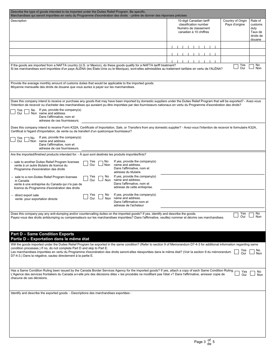 Form K90 Duties Relief Application - Canada (English / French), Page 3