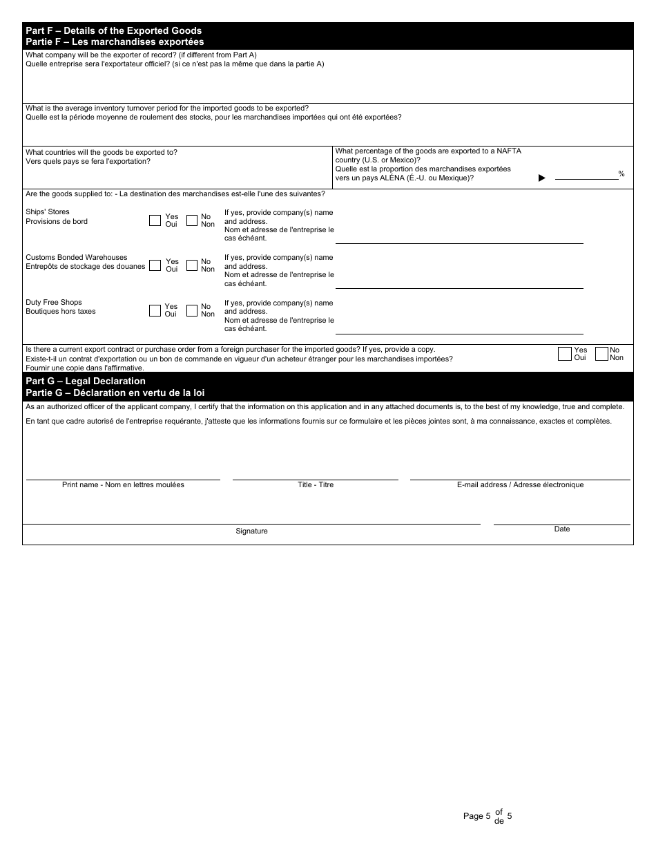 Form K90 Duties Relief Application - Canada (English / French), Page 5