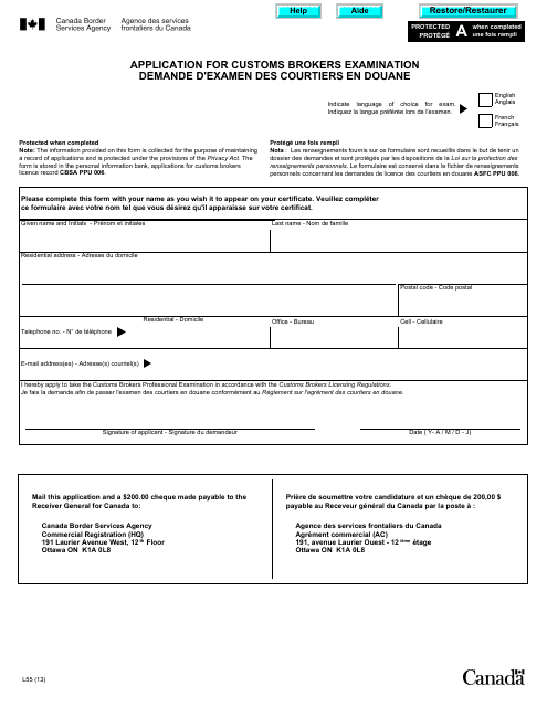 Form L55 Application for Customs Brokers Examination - Canada (English/French)