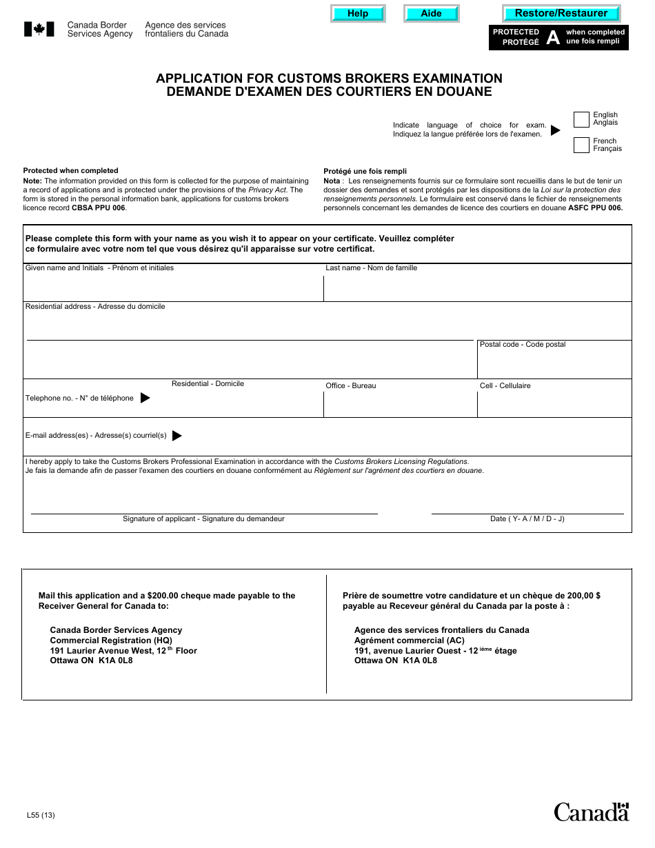 Form L55 Application for Customs Brokers Examination - Canada (English / French), Page 1