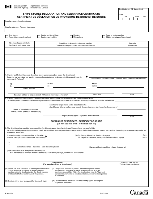 Form K36A Ships Stores Declaration and Clearance Certificate - Canada (English/French)