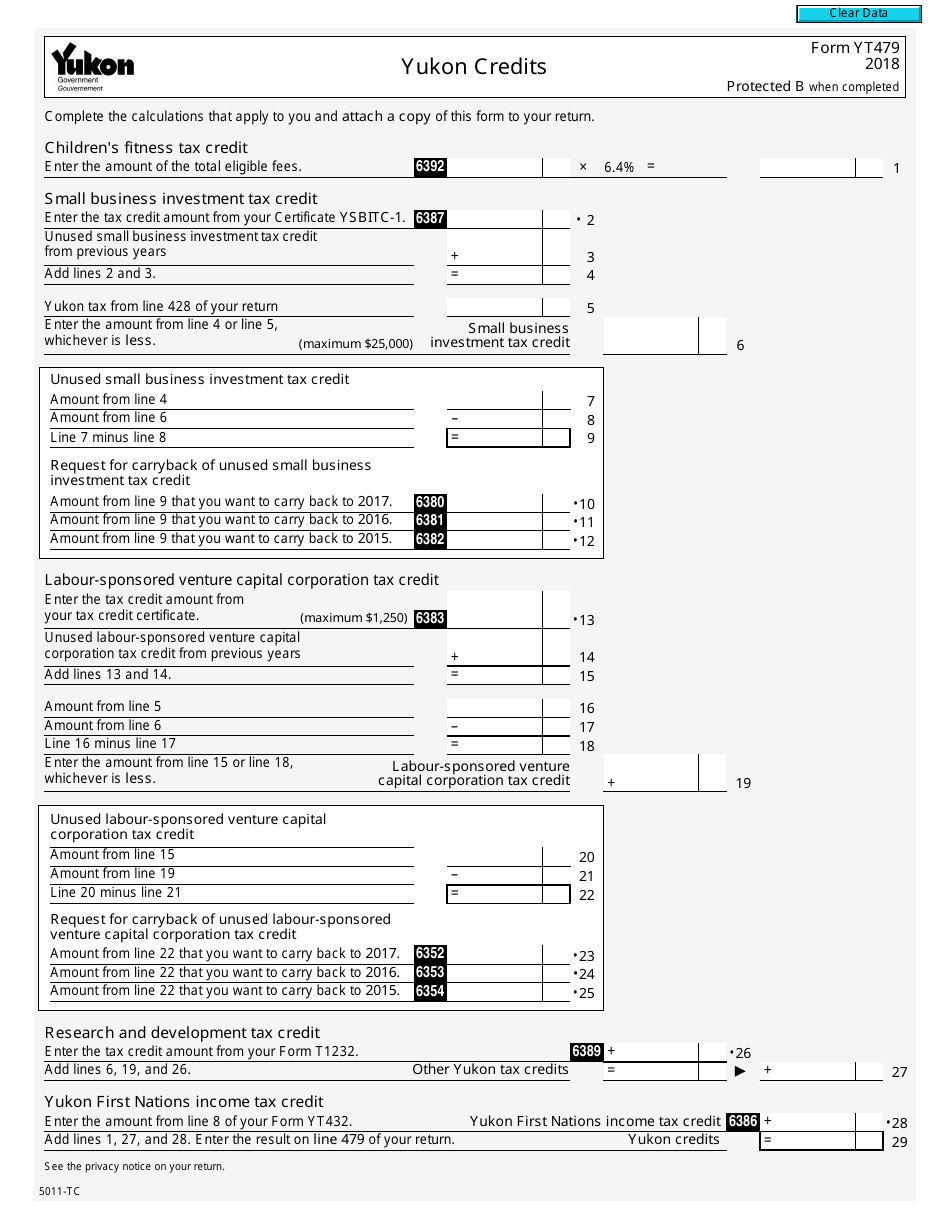 Form 5011-TC (YT479) Yukon Credits - Canada, Page 1