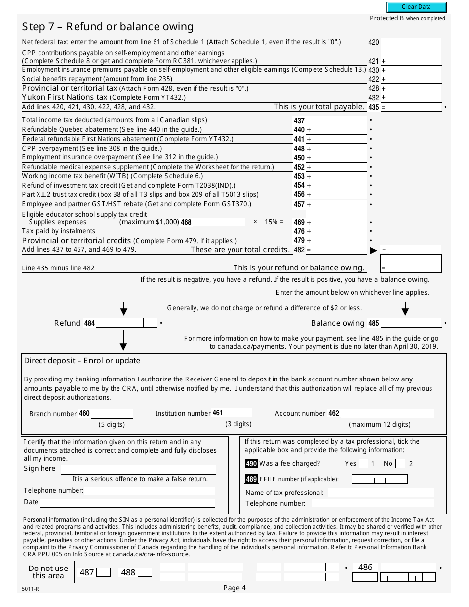 Form 5011-R Income Tax and Benefit Return - Canada, Page 4