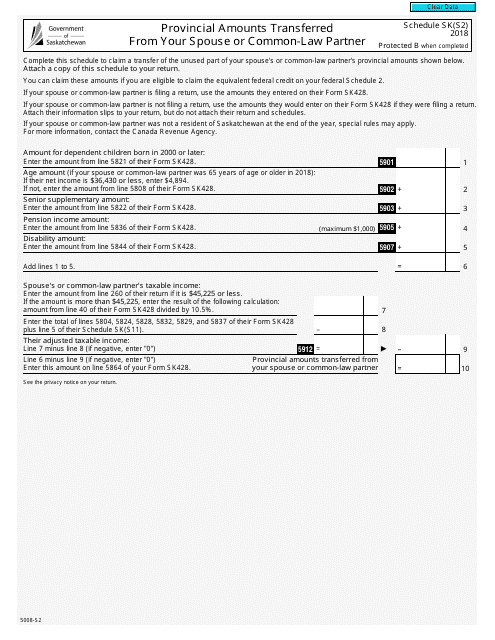 Form 5008-S2 Schedule SK(S2) 2018 Printable Pdf