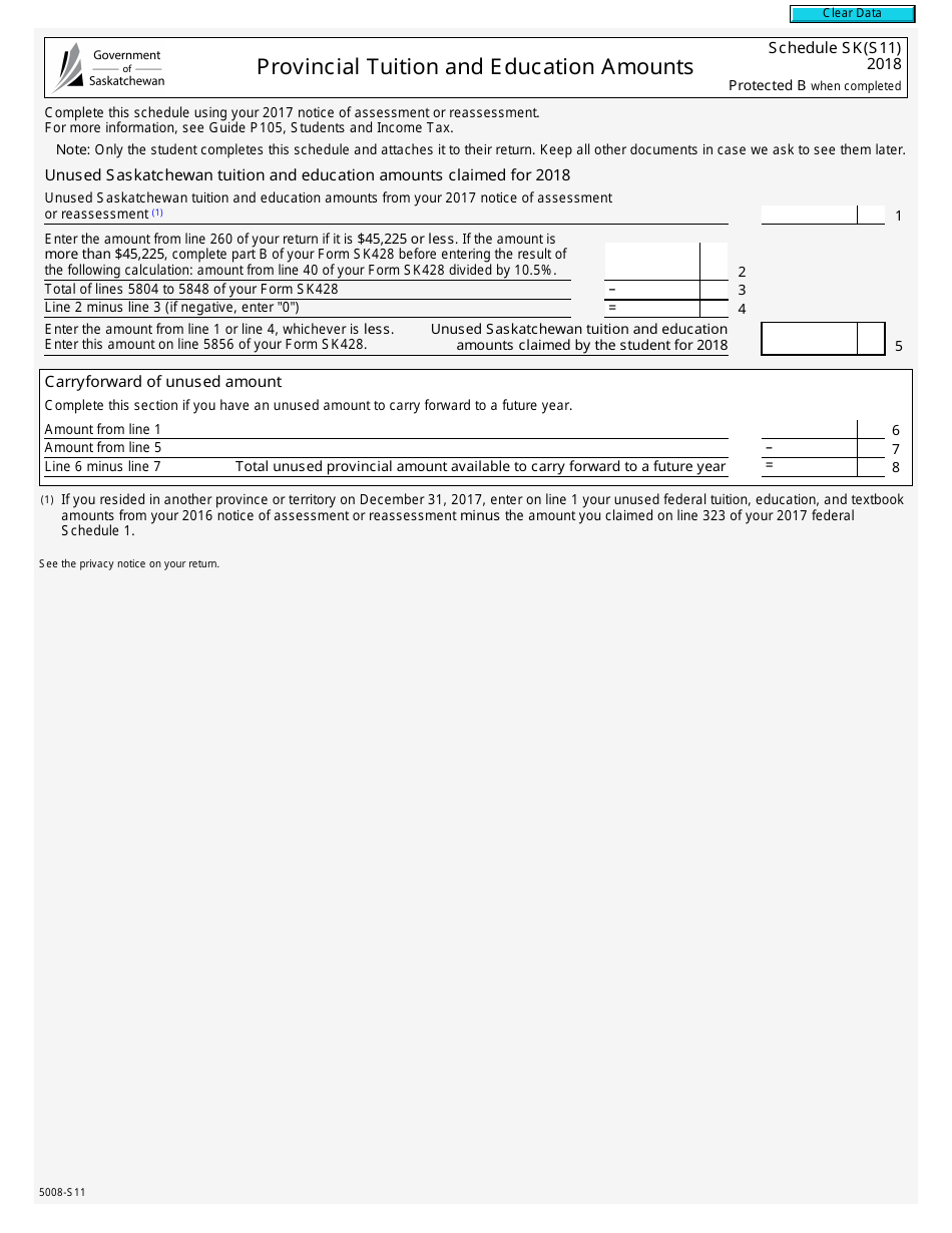 Form 5008-S11 Schedule SK(S11) Provincial Tuition and Education Amounts - Canada, Page 1