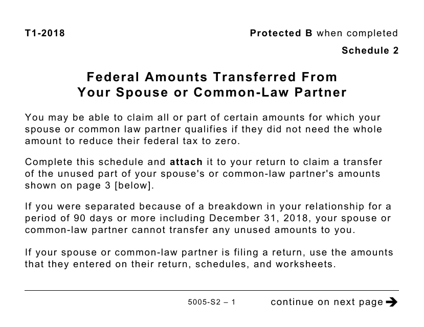 Form 5005-S2 Schedule 2 Federal Amounts Transferred From Your Spouse or Common-Law Partner (Large Print) - Canada, 2018