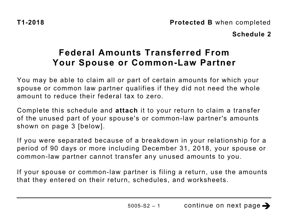Form 5005-S2 Schedule 2 Federal Amounts Transferred From Your Spouse or Common-Law Partner (Large Print) - Canada, Page 1