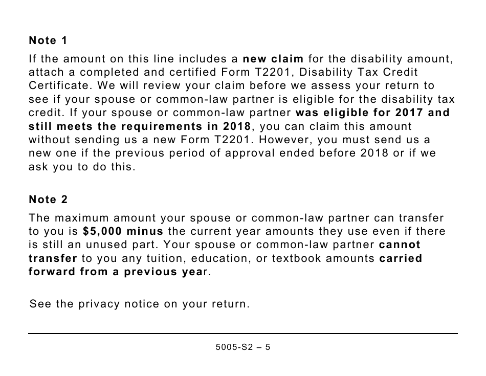 Form 5005-S2 Schedule 2 Federal Amounts Transferred From Your Spouse or Common-Law Partner (Large Print) - Canada, Page 5