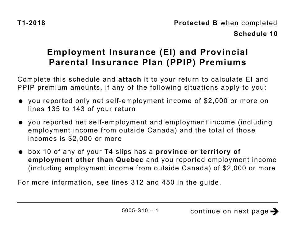 Form 5005-S10 Schedule 10 Employment Insurance (Ei) and Provincial Parental Insurance Plan (Ppip) Premiums (Large Print) - Canada, Page 1