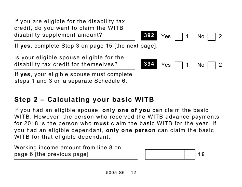 Form 5005-S6 Schedule 6 Working Income Tax Benefit (Large Print) - Canada, Page 12