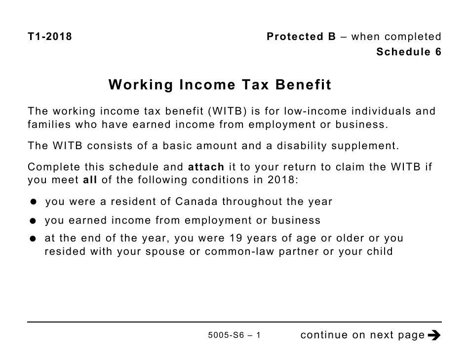 Form 5005-S6 Schedule 6 Working Income Tax Benefit (Large Print) - Canada, Page 1
