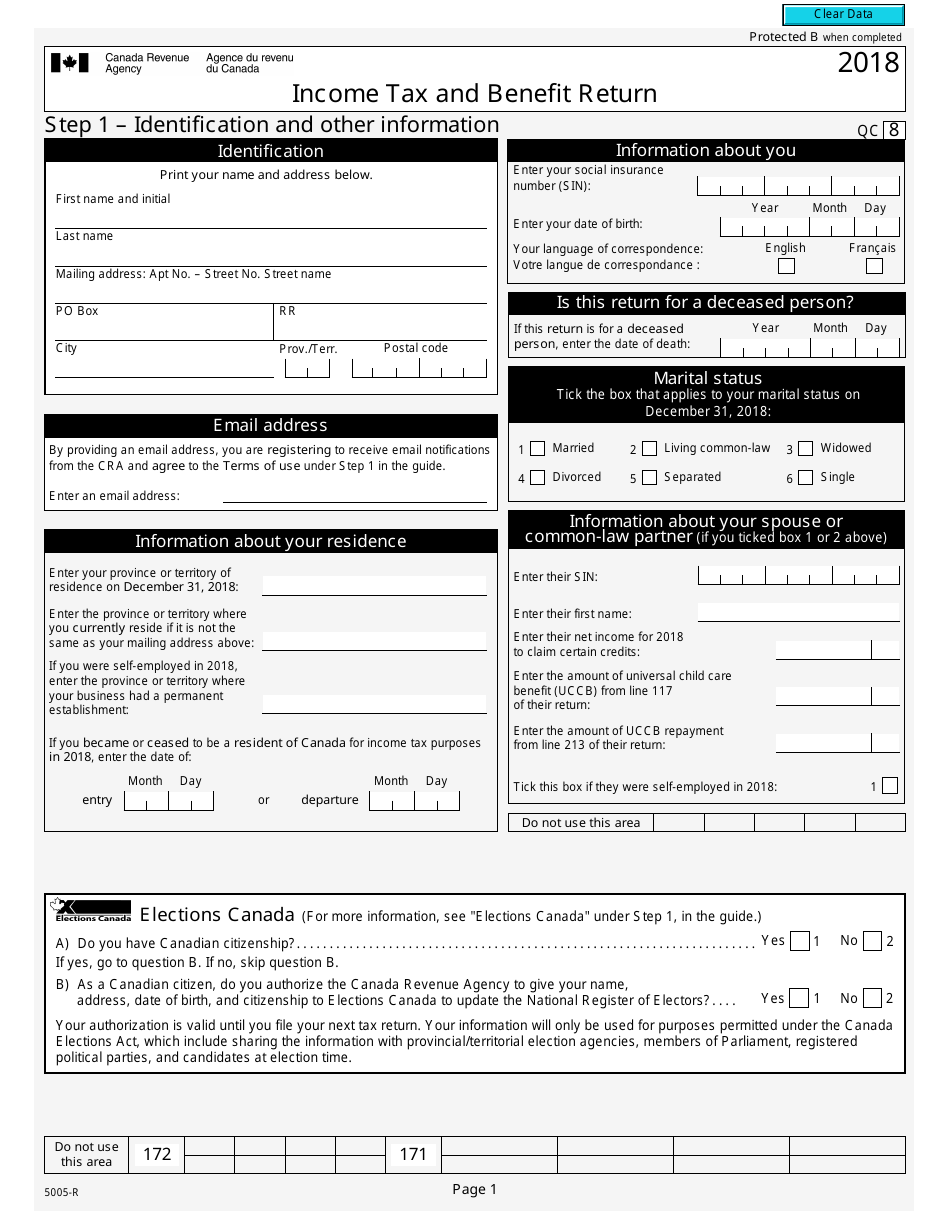 Form 5005-R Income Tax and Benefit Return - Canada, Page 1