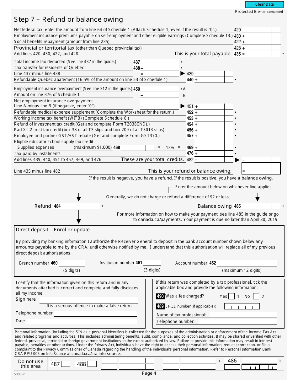 Form 5005-R Income Tax and Benefit Return - Canada, Page 4