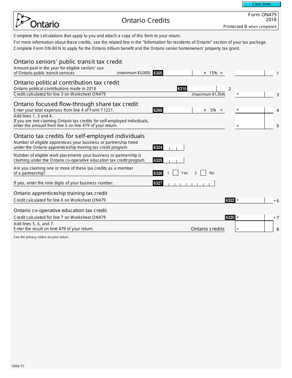 Form 5006-TC (ON479) Ontario Credits - Canada, Page 1