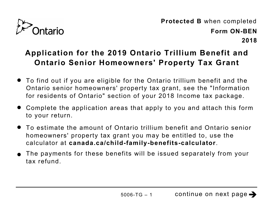 Form 5006-TG (ON-BEN) Application for the Ontario Trillium Benefit and the Ontario Senior Homeowners Property Tax Grant (Large Print) - Canada, Page 1