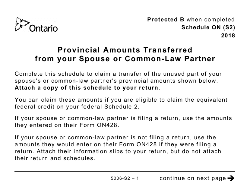 Form 5006-S2 Schedule ON (S2) Provincial Amounts Transferred From Your Spouse or Common-Law Partner (Large Print) - Canada, 2018