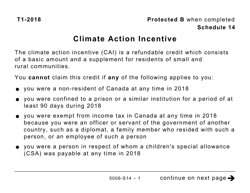 Form 5006-S14 Schedule 14 Climate Action Incentive (Large Print) - Canada, 2018