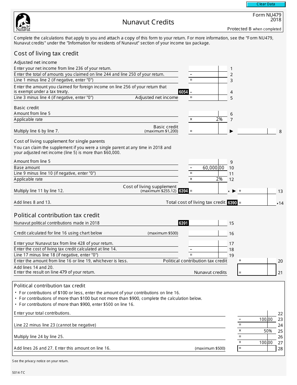 Form 5014-TC (NU479) Nunavut Credits - Canada, Page 1