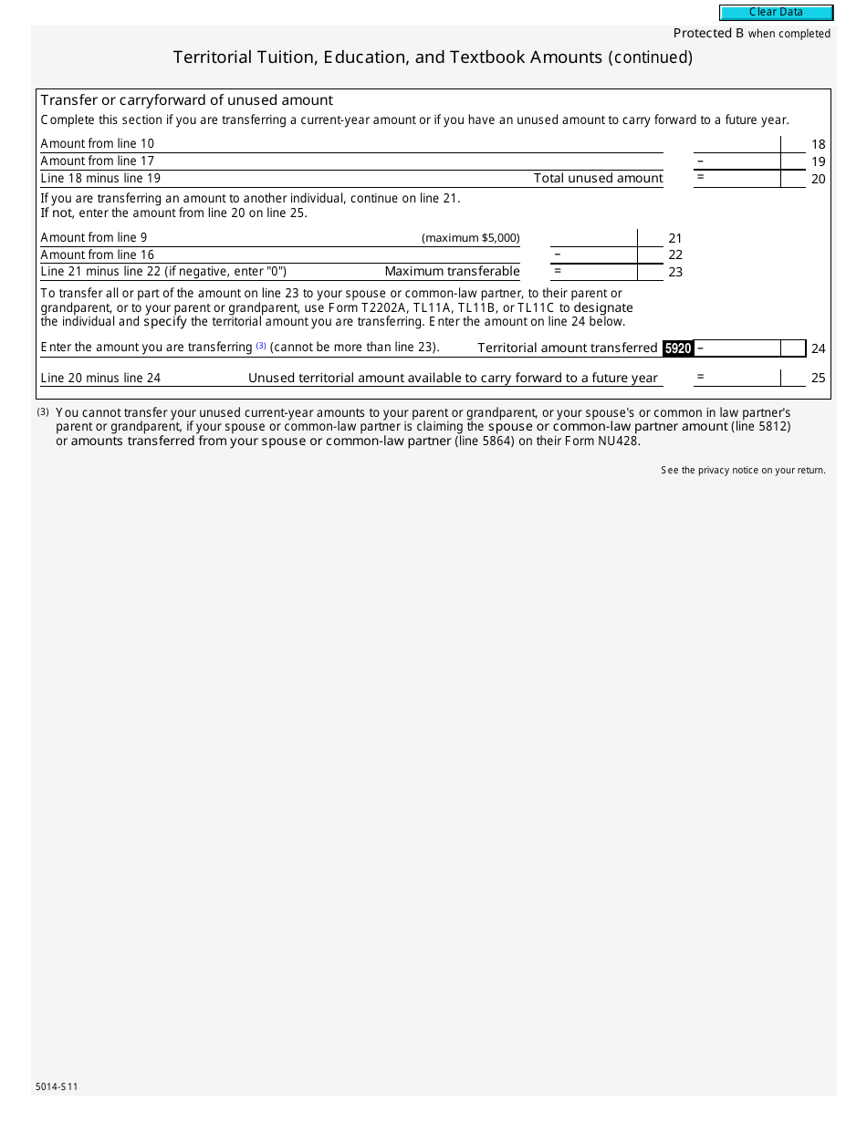 Form 5014-S11 Schedule NU(S11) Territorial Tuition, Education, and Textbook Amounts - Canada, Page 2