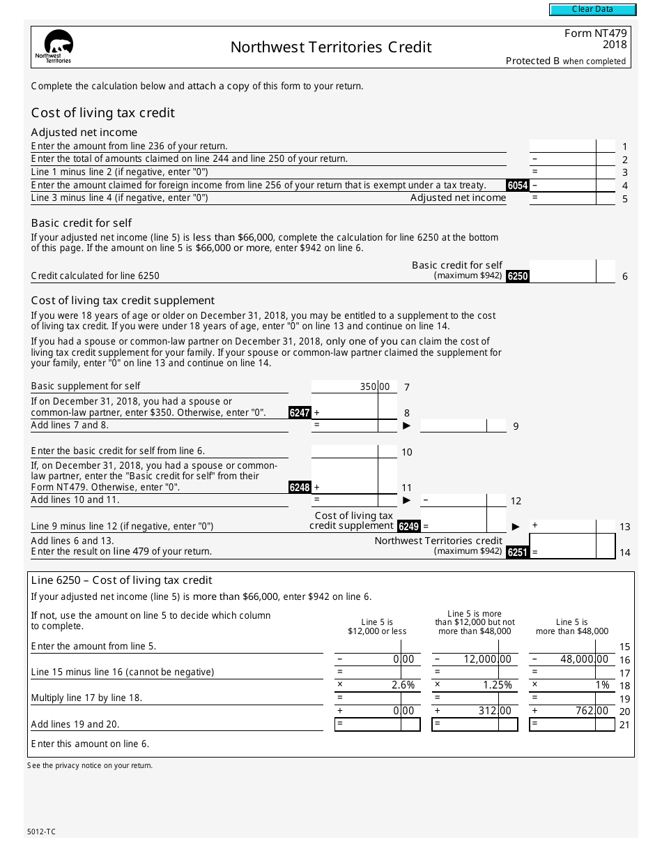 Form 5012-TC (NT479) Northwest Territories Credit - Canada, Page 1