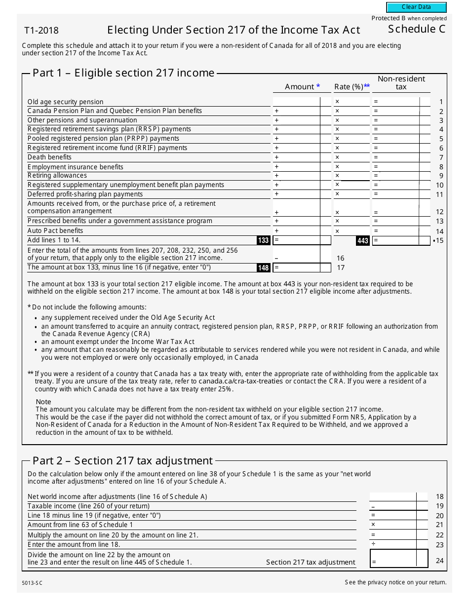 Form 5013-SC Schedule C Electing Under Section 217 of the Income Tax Act - Canada, Page 1