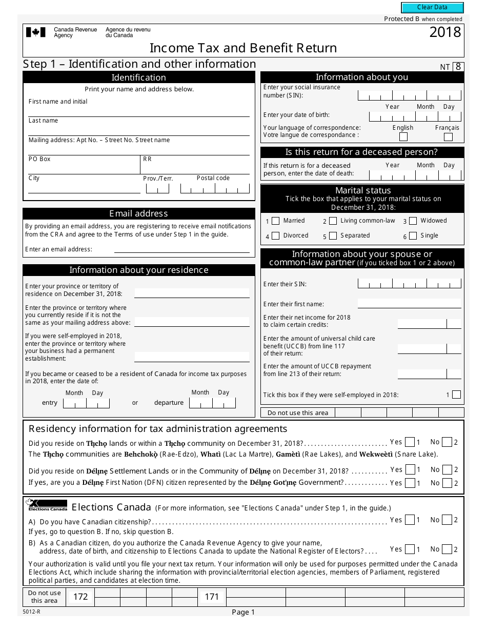 Form 5012-R Income Tax and Benefit Return - Canada, Page 1